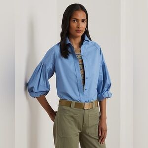 NWT Lauren Ralph Lauren Cotton Poplin Blouson-Sleeve Shirt Sz L
